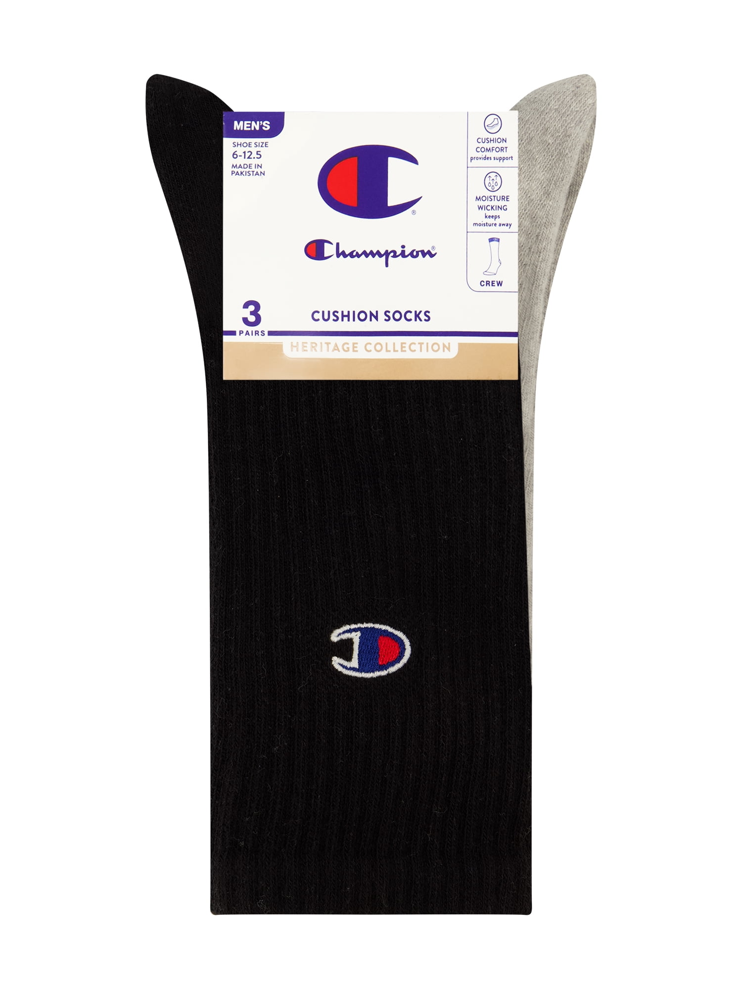 Champion Men’s Crew Socks 3 Pack – Half Terry Cushion, Moisture-Wicking, Arch Support, Stretch Comfort, Sizes 6–12.5