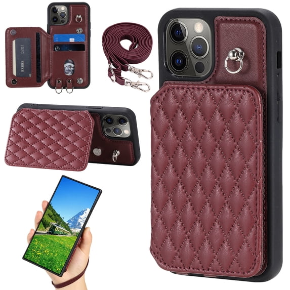 Case for iPhone 12 Pro Max 6.7", Detachable Crossbody Strap Wallet Case with Card Slots, Stand Ring Flip PU Leather Protective Cover Lanyard for Women for iPhone 12 Pro Max, Winered