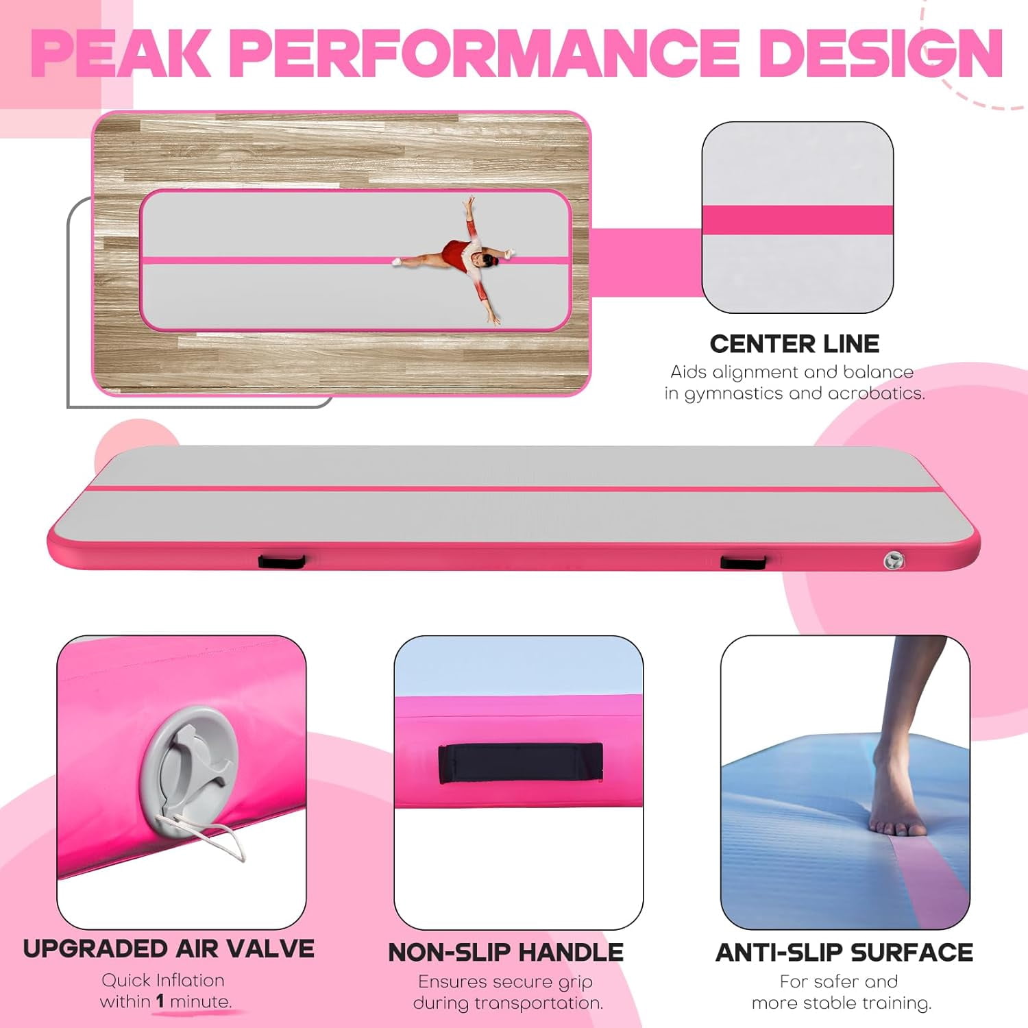 Inflatable Air Tumbling Mat Gymnastics Tumble track 4 inches Thickness Air Mats for Home Use/Training/Cheerleading/Water Yoga  13ft  with Electric Air Pump pink color