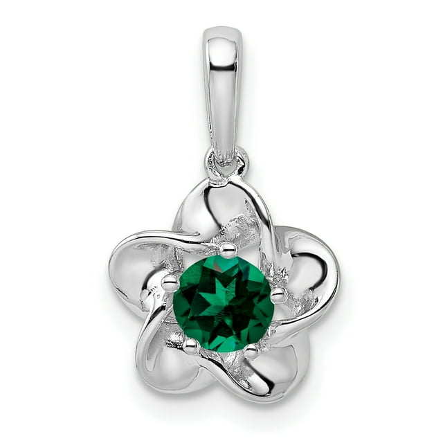 925 Sterling Silver Flower Created Emerald Necklace Charm Pendant Birthstone May
