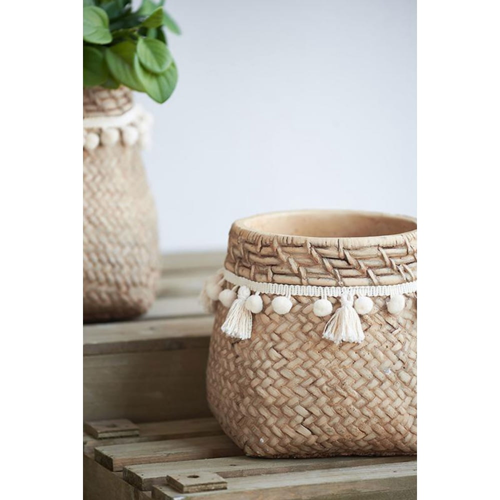 Set of 2 Brown Cement Planters – These Charming Planters Feature a Woven Tassel Accent, Perfect for Adding a Bohemian Touch to Your Home or Garden.
