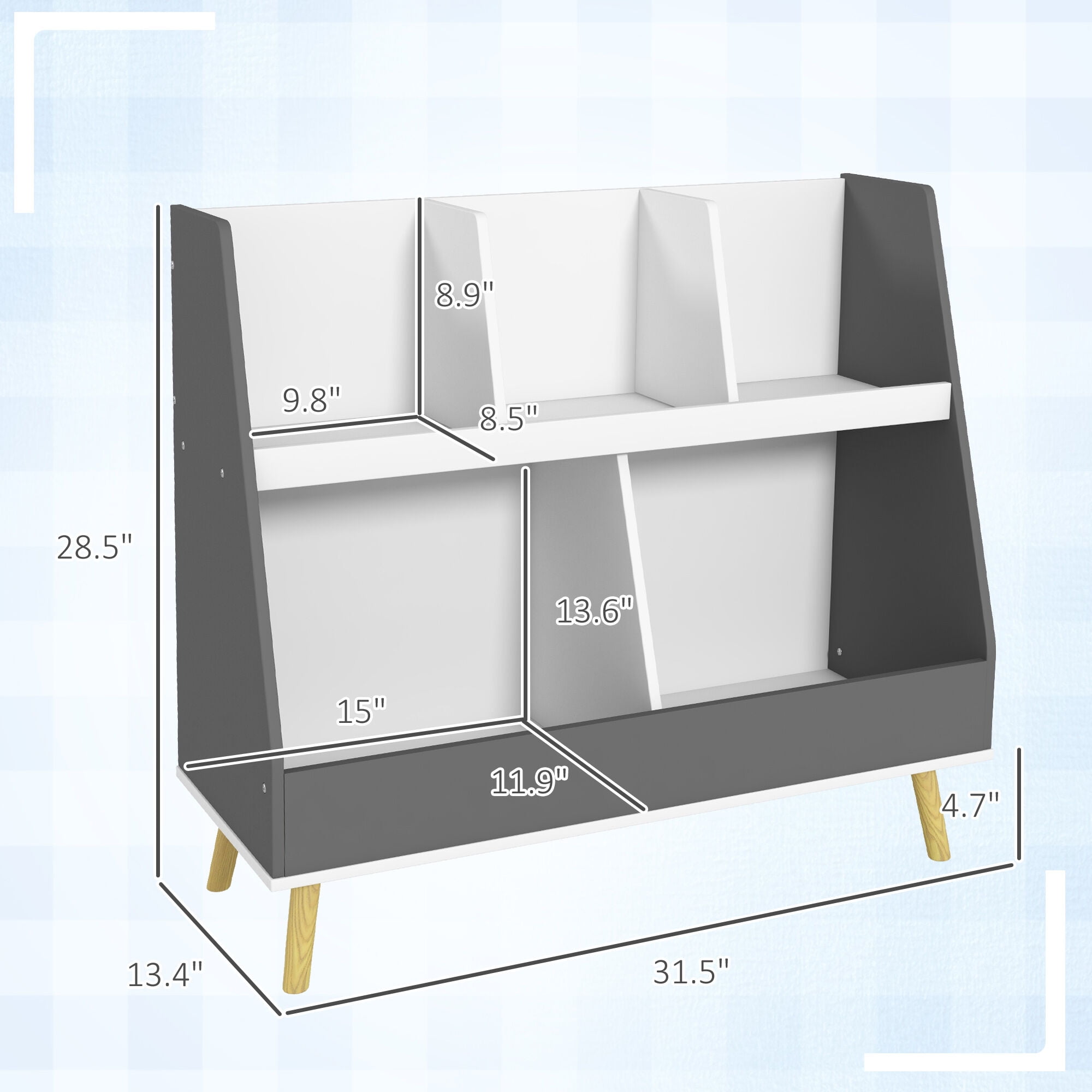 Kids Furniture Qaba Kids Bookcase Toy Shelf, 2 Tier Toddlers Toy Storage Shelf with 5 Compartments, Anti-tip Device, Pine Wood Legs for Nursery, Playroom, Classroom, Gray,Baby Furniture