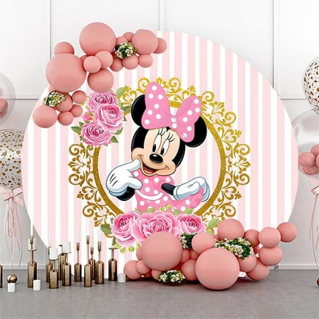 6.5ft Pink Cartoon Mouse Bowknot Flowers Round Backdrop for Girl