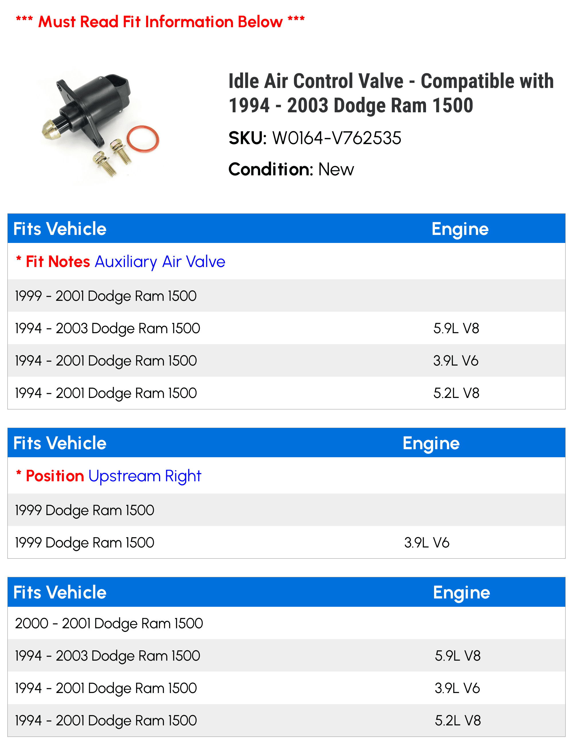 Idle Air Control Valve - Compatible with 1994 - 2003 Dodge Ram 1500 1995 1996 1997 1998 1999 2000 2001 2002