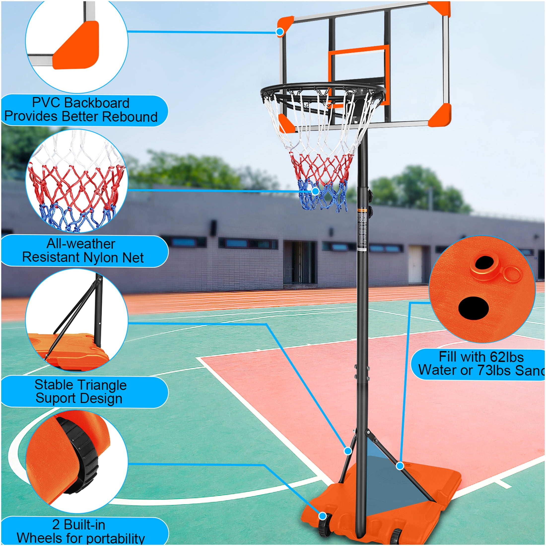 JERFIT Portable Basketball Hoop with Wheels, 5.6-7ft Height Adjustable Goal System for Youth Kids, 28" Backboard, Indoor Outdoor Use with Sand/Water Base