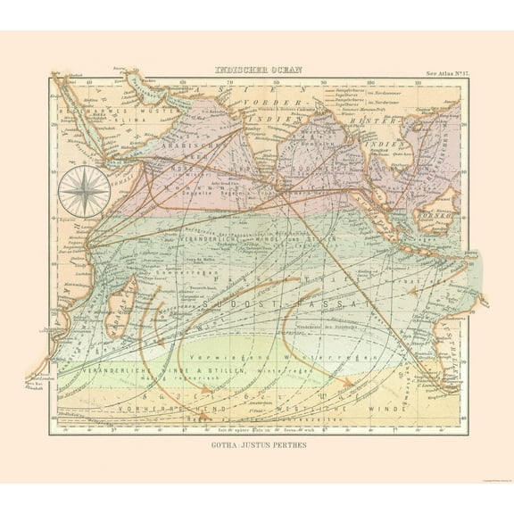 Historic Nautical Map - Indian Ocean - Perthes 1914 - 26.03 x 23 - Vintage Wall Art