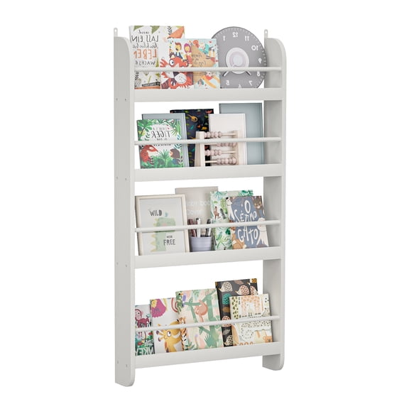 Wall Mounted Kids Bookshelf for Small Space, 4-Tier Toy and Book Organizer White MDF