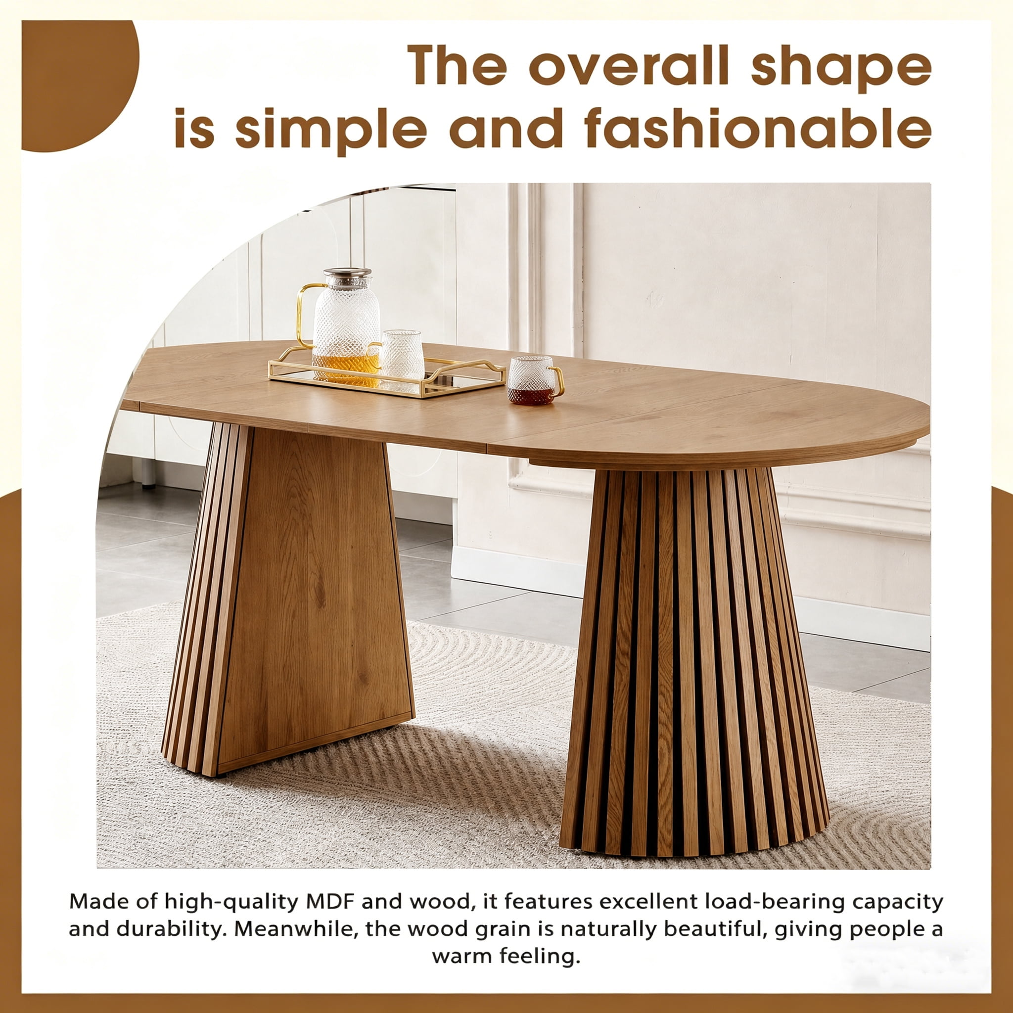Dining Table 70.87 Inch, Extendable Kitchen Table with Oval Top and Slatted Wood Legs, Multi-Functional MDF Table for Dining Room and Office, Natural Wood