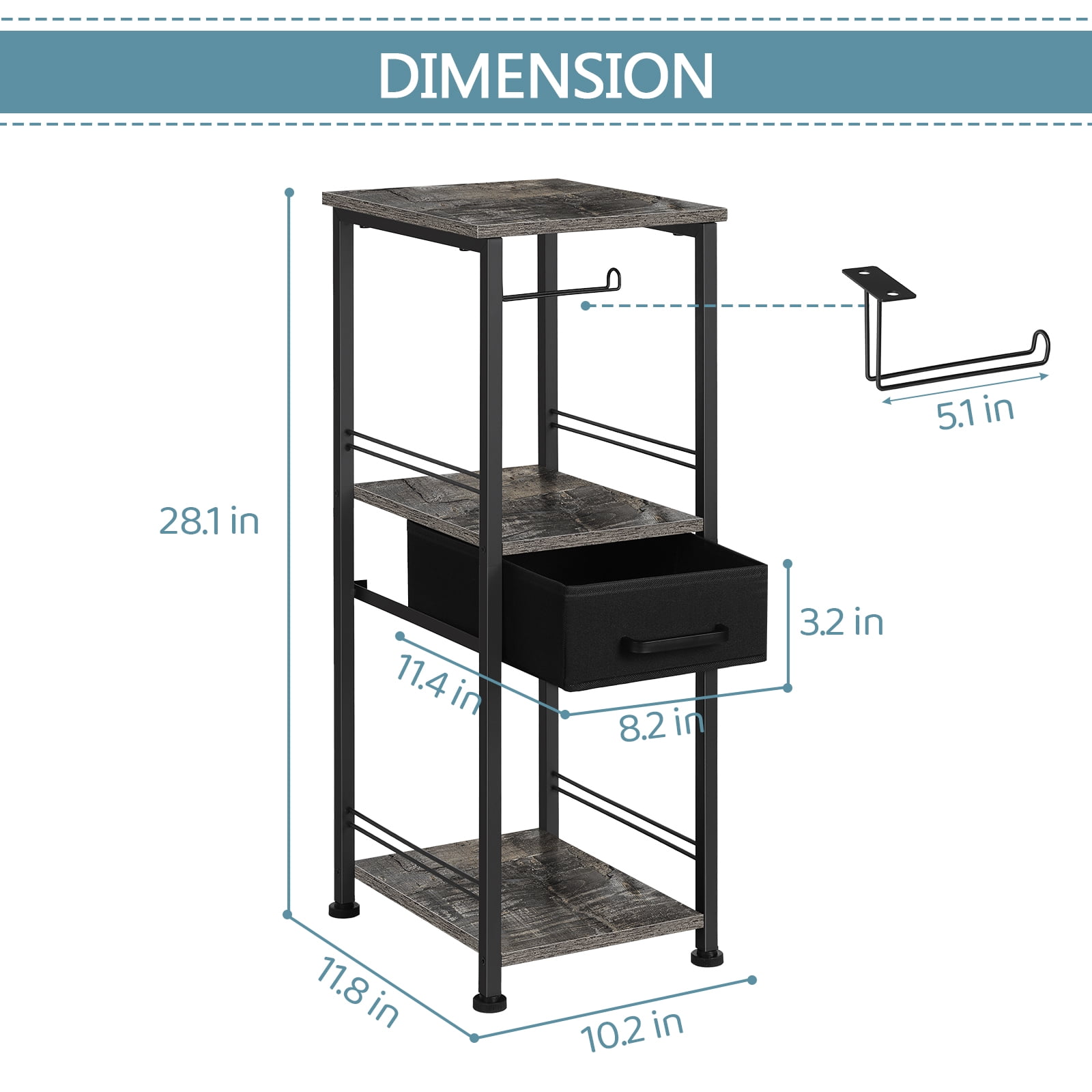 3-Tier Bathroom Storage Cabinet Tissue Holder Black Drawer Gray Divider