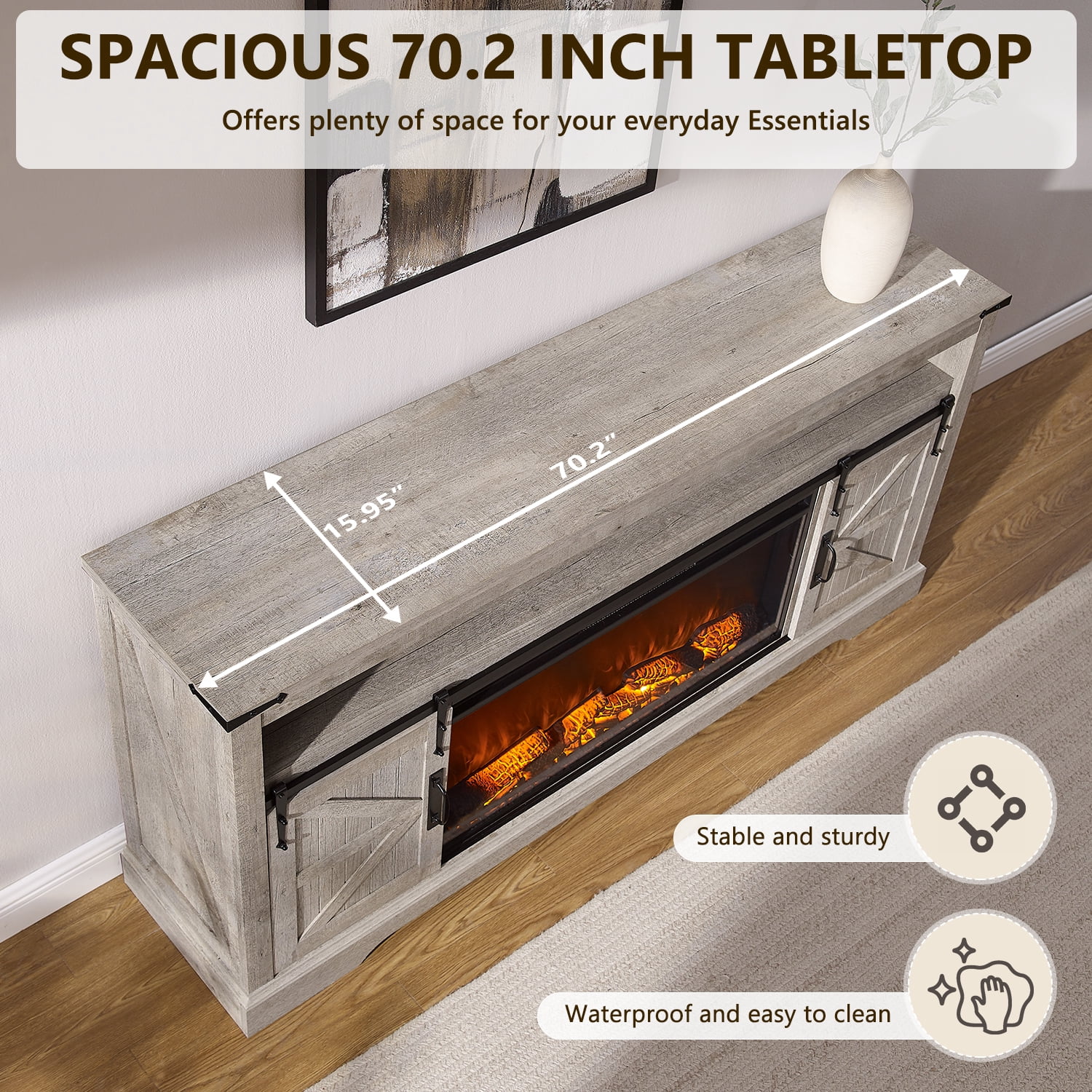 KeyWhat Farmhouse Fireplace TV Stand for TVs up to 80", 37" Electric Fireplace & Barn Door