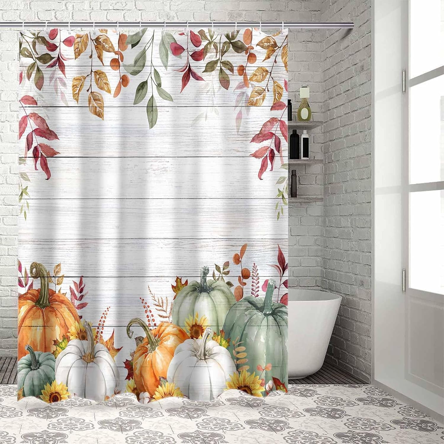 Fall Shower Curtain Sage Green Pumpkin Shower Curtains for Bathroom Sunflower Eucalyptus Leaves Wood Grain Bath Curtains Sets with Hooks for Autumn Thanksgiving Seasonal Decor Standard 72" X 72"