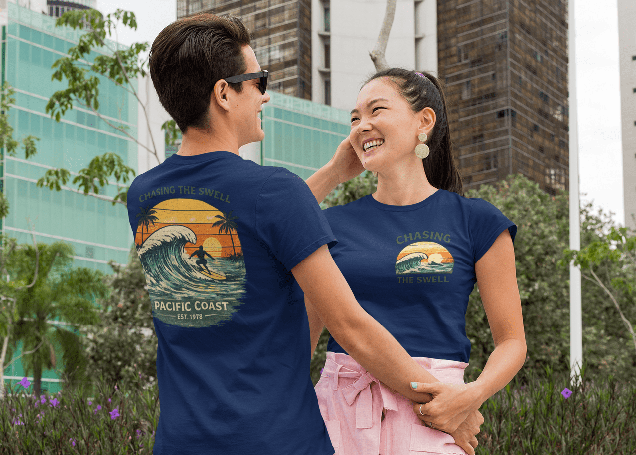 Chasing the Swell Surf T-Shirt – Pacific Coast Wave Graphic Tee, Vintage Beach Surf Shirt, Front & Back Print Unisex Crewneck