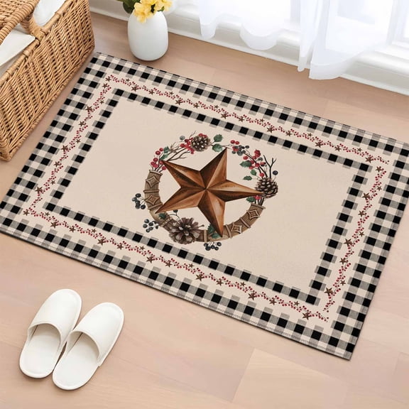 Area Rug 2x3ft, Western Star Pinecone Garland Washable Rugs for Living Room Bedroom, Vintage Black Buffalo Plaid Soft Non-slip Area Rugs Rectangle Floor Carpet for Dining Room