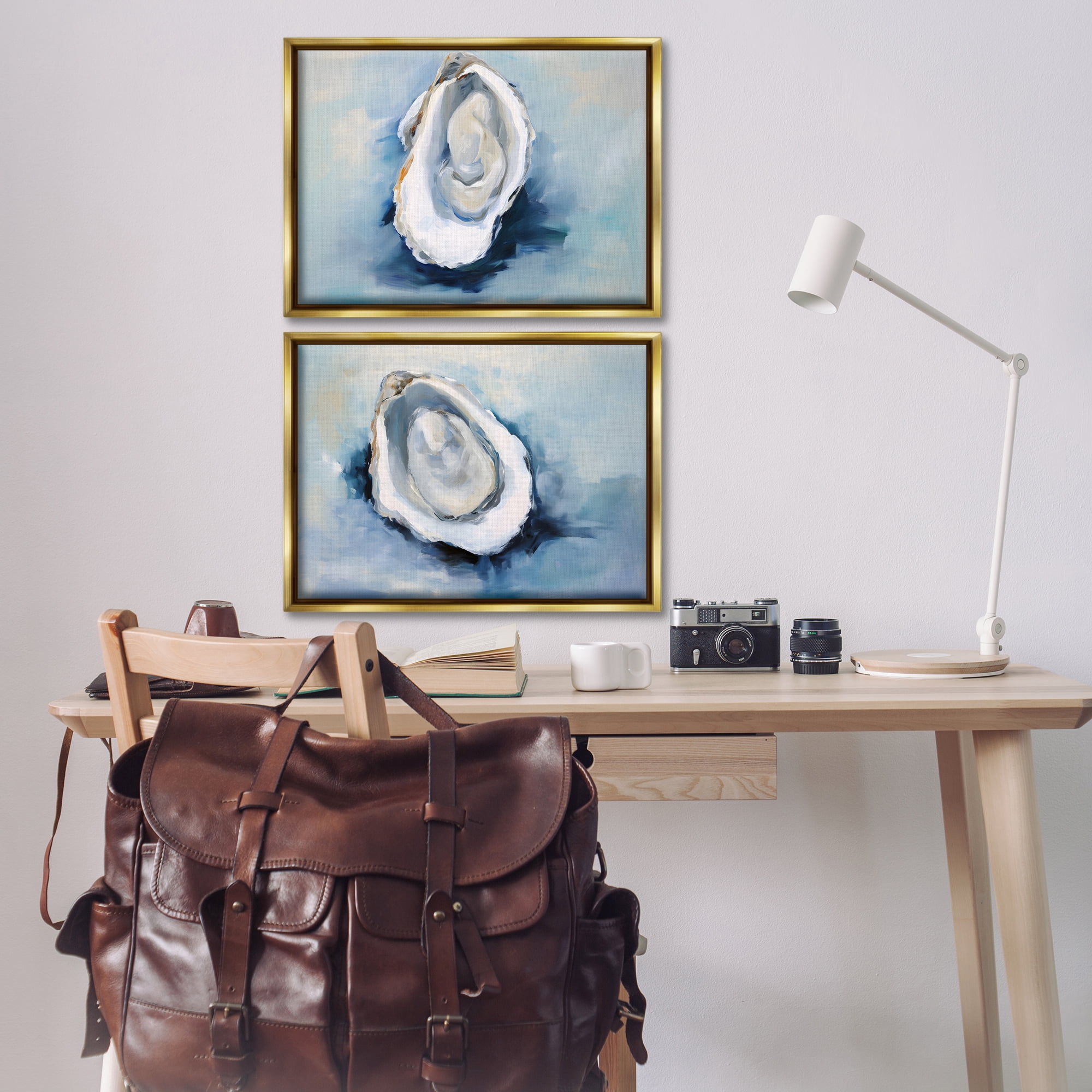 Stupell Industries Open Oyster Mollusk Shells Nautical & Beach Painting Gold Floater Framed Canvas Art Print Wall Art, 25 x 17, Set of 2
