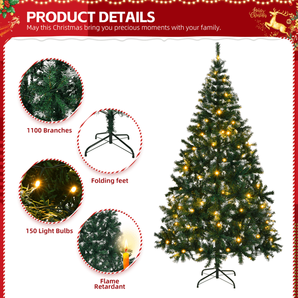 Alvantor 7 ft Snow-Tipped Artificial Christmas Tree with 150 Warm White LED String Lights and Remote, Indoor Christmas Decorations, Green