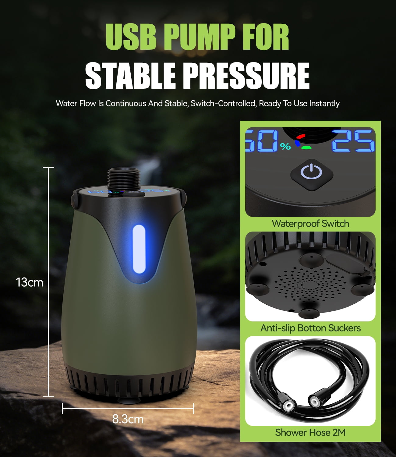 Portable Shower - 8000mAh Rechargeable Camping Shower Pump with Intelligent LED Display & Filtered Shower Head, IPX7 Waterproof Outdoor Camp Shower Pump for Hiking, RV, Travel, Car, Pet