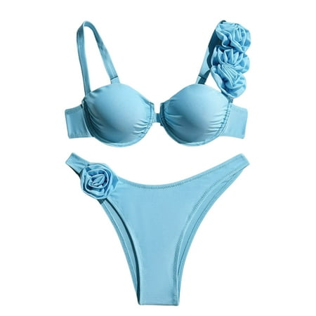 JIANJIA Womens Swimsuits Solid Color Sexy Flower Underwire Gathered Spaghetti Strap Brassiere With Thongs Swimsuit Two Piece Bikinis Swimwears Holiday Wear Blue S