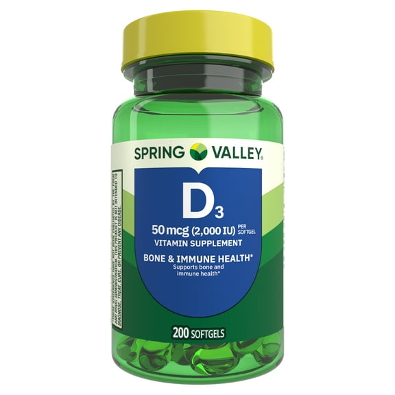 Spring Valley Vitamin D3 Softgels, 50 mcg (2,000 IU), 200 Count,  Supplement for Bone and Immune Health