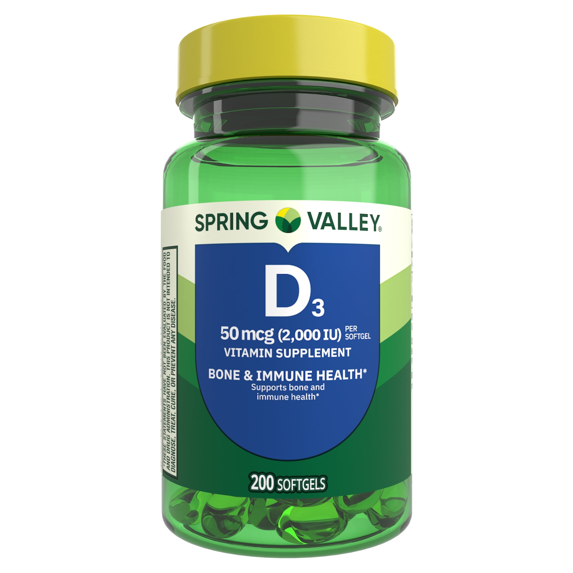 Spring Valley Vitamin D3 Softgels, 50 mcg (2,000 IU), 200 Count, Supplement for Bone and Immune Health