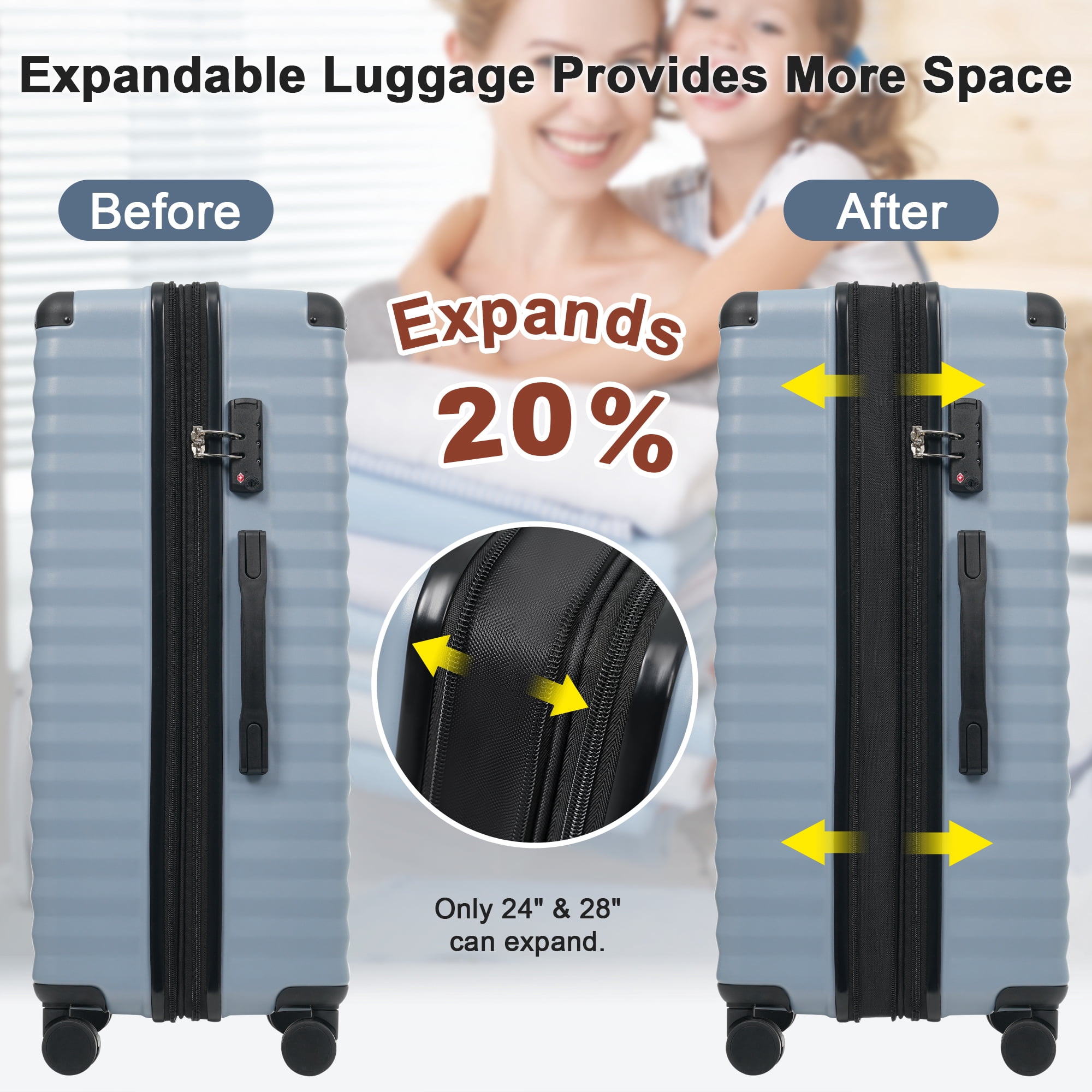 Euroco 5 Piece Luggage Sets Front Opening,Expandable Hardshell Suitcase with Spinner Wheels,2 Bags and TSA Lock,Lightweight Carry on Luggage with USB Port and Cup Holder(20"/24"/28"),Sky Blue