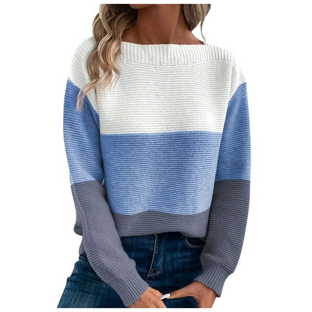 GDREDA Fall Sweaters Round Neck Striped Cute Winter Pullover Sweaters for Women Trendy 2024 Drawstring Blue,L