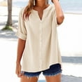 thumbnail image 3 of Otntypg Linen Button Down Shirts for Women Loose Fit Rolled up Short Sleeve Blouse Ladies Summer Casual V Neck Beach Cotton Tops Beige S, 3 of 5