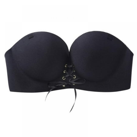 

Women Invisible Strapless Sexy Push Up Bra Silicone Lace Up Underwear Black 34B