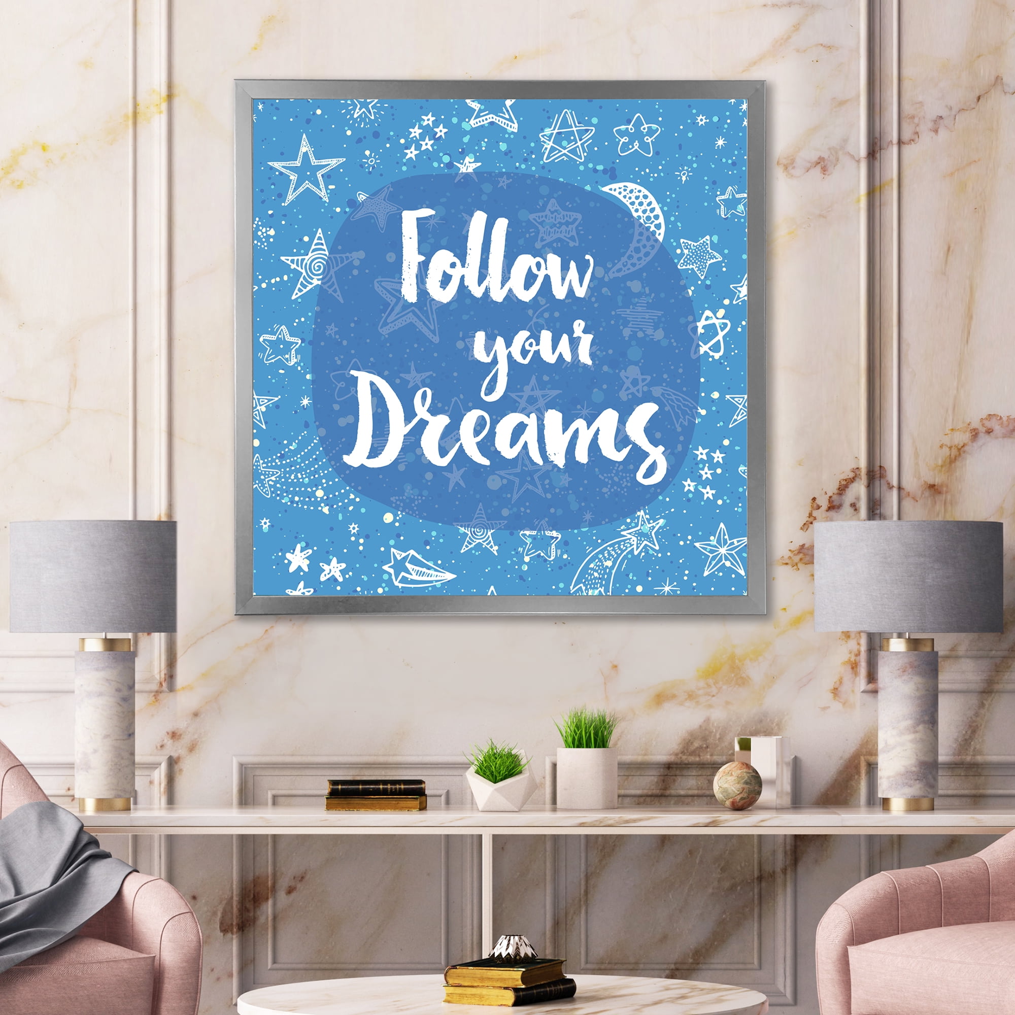 Designart 'Follow Your Dreams On Blue II' Modern Framed Art Print