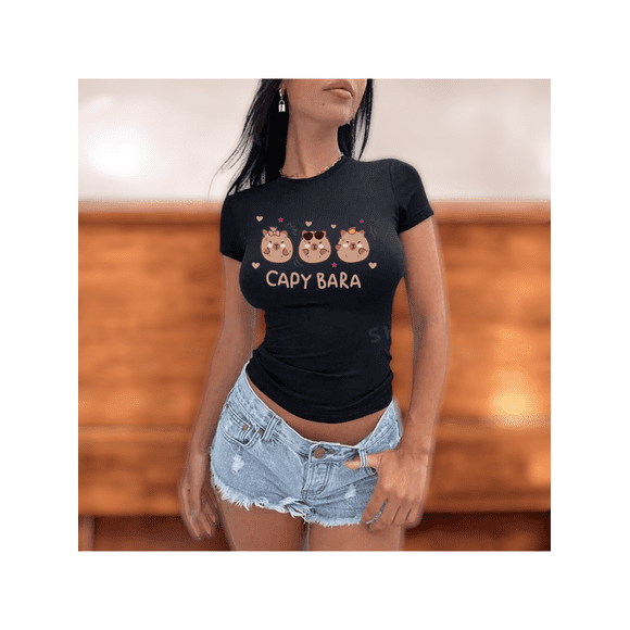 Playera Blusa Con Impresion De 3 Capybaras Bebes Fashion Ropa para Mujer Capibara Color Negro Talla Mediana Marca Emil SaEs