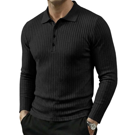 Satingcolo Men's Long Sleeve Polo Shirt Ribbed Knit Casua Button Down Collar Solid Color Workout Smart Casual Tops,Black XL