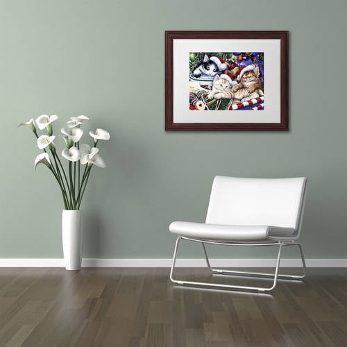 Trademark Fine Art 'Meowy Christmas 2' Canvas Art by Jenny Newland, White Matte, Wood Frame