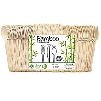 Eco Friendly Bamboo utensils, Disposable Wooden Cutlery, Compostable, Biodegradable and All Natural, Wedding and Party Supplies Wooden Silverware (100 Forks 50 Knives 50 Spoons)