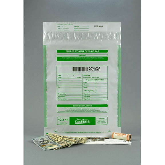 Cashier Depot Tamper Evident Deposit Bags, 12" x 16" White, Serialized Numbering, Barcode, Press & Seal Void Closure Tape (100 Bags)