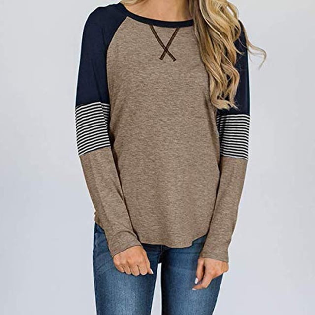 Puntoco Moda Mujer Cuello Redondo Manga Larga Estampado Patchwork Casual Camiseta Blusa Puntoco Puntoco-2101