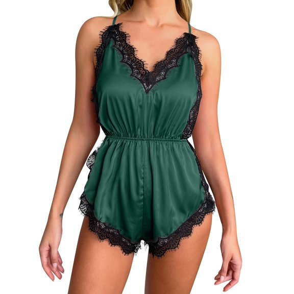 Women's Lace Satin Romper, V-Neck Spaghetti Strap Sleepwear
