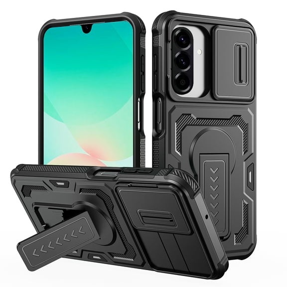 Heavy Duty Case for Samsung Galaxy S25, Military Grade Dual Layer Hybrid Cushioning Rubber PC Case with Sliding Camera Cover, Built-in Stand Rugged Cover for Galaxy S25 - Black