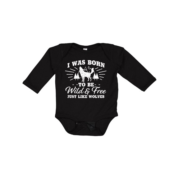 Inktastic I was Born to be Wild and Free with Wolf and Mountains Boys or Girls Long Sleeve Baby Bodysuit