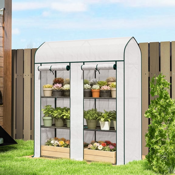 Outsunny 3 Tier Mini Greenhouse, 56.3" x 18.1" x 65" Small Portable Greenhouse with 2 Roll-up Doors, White
