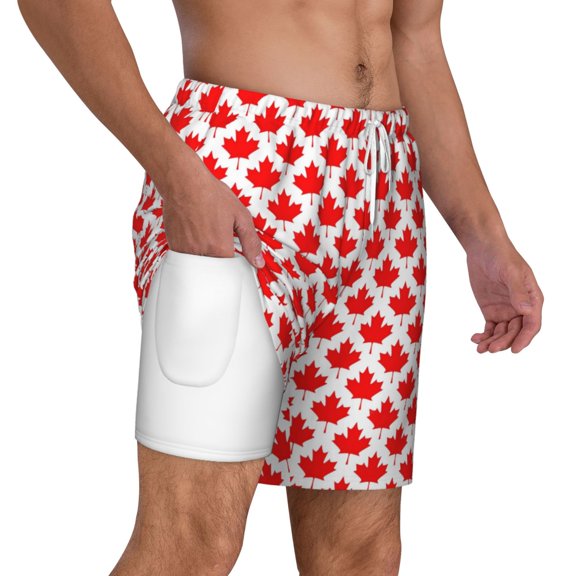 Men's Canada Maple Leaf Pattern Swim Trunks with Compression Liner Bathing Suit Swimwear