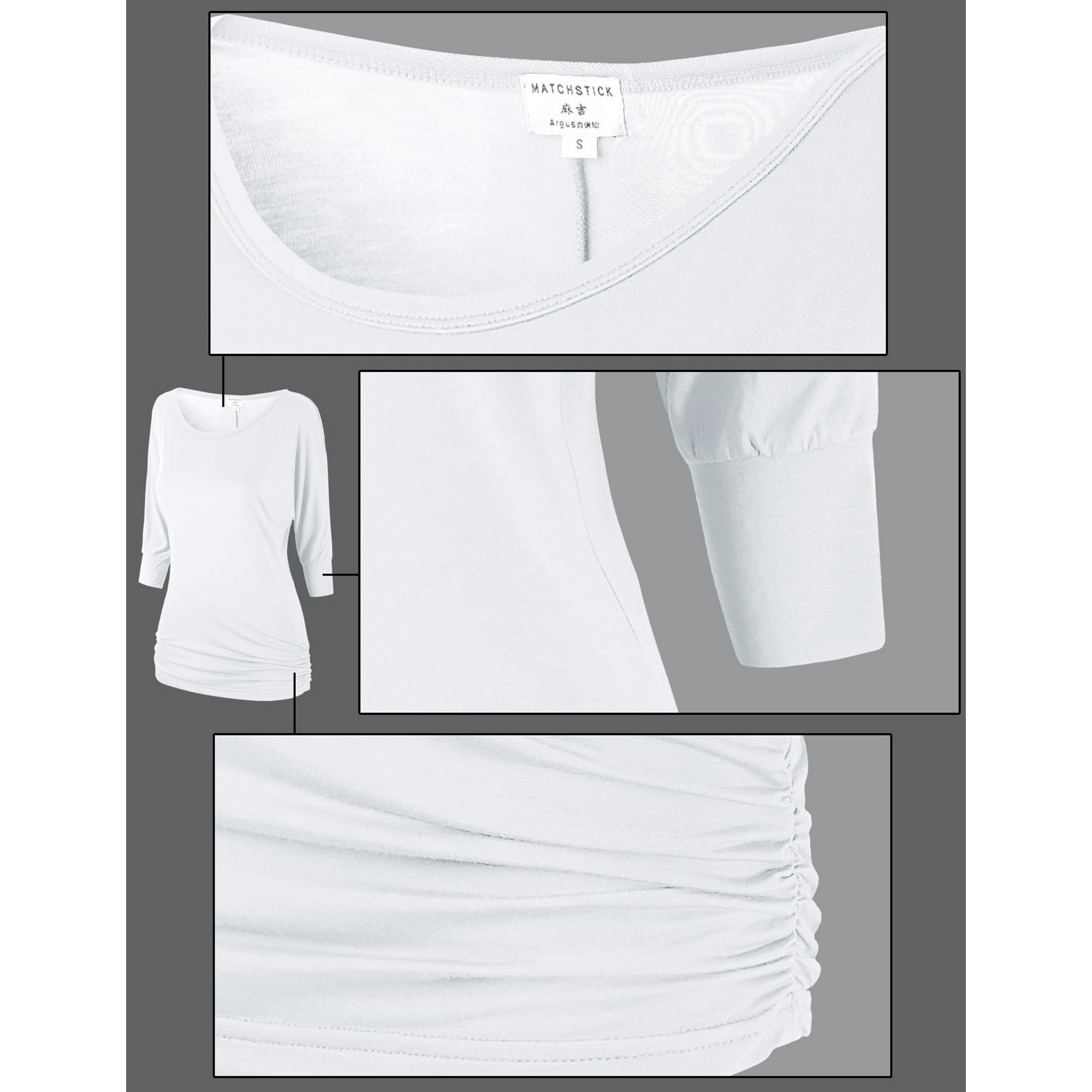 Matchstick Women's 3/4 Sleeve Basic Drape Top with Side Shirring - Main Image