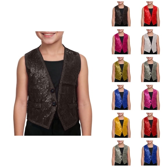 Sparkly Sequin Vest for Boys Girls Shiny Dance Vests Open Front Sleeveless Jacket Coat Vest Tops for Performance