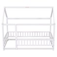 thumbnail image 3 of Twin Size Floor Bed, Wooden Montessori Floor Bed Frame with House Roof and Fence Guardrails, White, 3 of 7