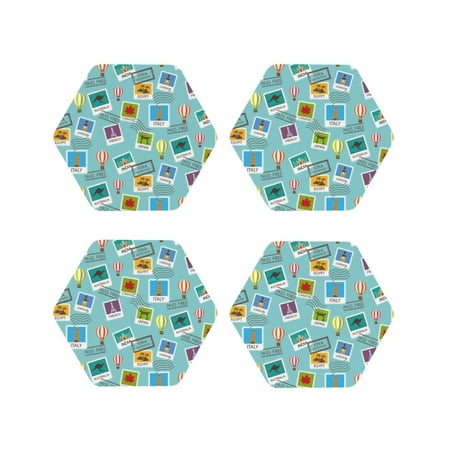

Fuzoiu World Travel1 Print Leather Coasters Set Drink Coasters Set of 4 for Tabletop Protection Durable PVC Coasters Home Décor and Housewarming Gift-Hexagon