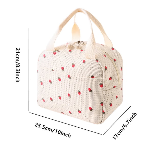 Rkxzt Lunch Pack Insulated Corduroy Lunch Bag with Strawberry Print Portable Bento Meal Bag for Work 1 Count Home Storage|Cotton,2%Spandex,White