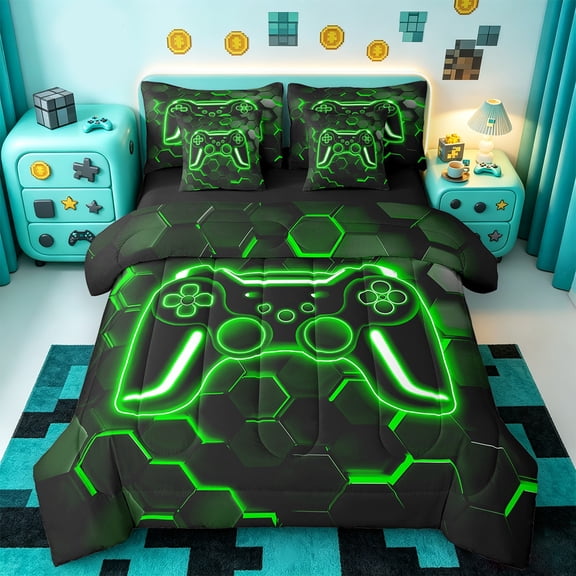 Manfei Modern Video Game Twin Bedding Sets 7-Piece,Game Gaming Bedding Comforter Set,Green Geometric Honeycomb Sheet Sets For Boys Girls,Super Cozy Bedroom Decoration,Reversible