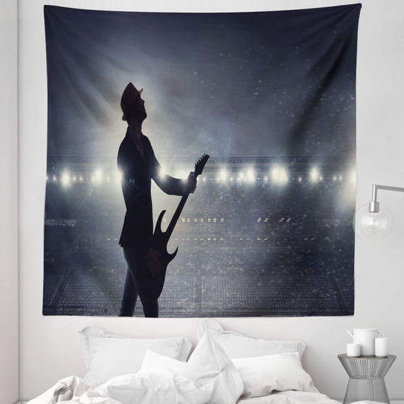 Guitar Player Tapestry, Rocker Silhouette Playing Instrument at a Stadium Concert Photo, Fabric Wall Hanging Decor for Bedroom Living Room Dorm, 5 Sizes, Dark Blue Grey and Ivory, by Ambesonne