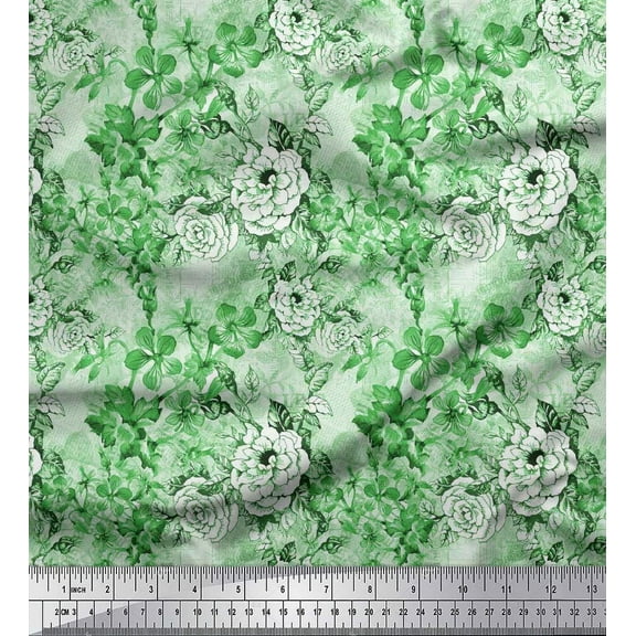 Soimoi Green Cotton Duck Fabric Leaves,Periwinkle & Camellia Floral Printed Fabric 1 Yard 42 Inch Wide