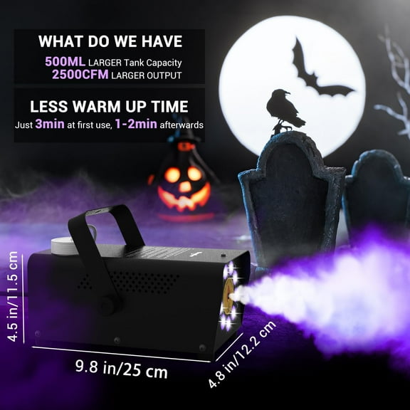 450W Fog & Smoke Machine with 9 LED Lights & 12 Colors, 2500 CFM Output, 500ml Tank, Wireless Remote — Smoke Machine for Indoor Weddings, Parties, DJ & Stage Shows