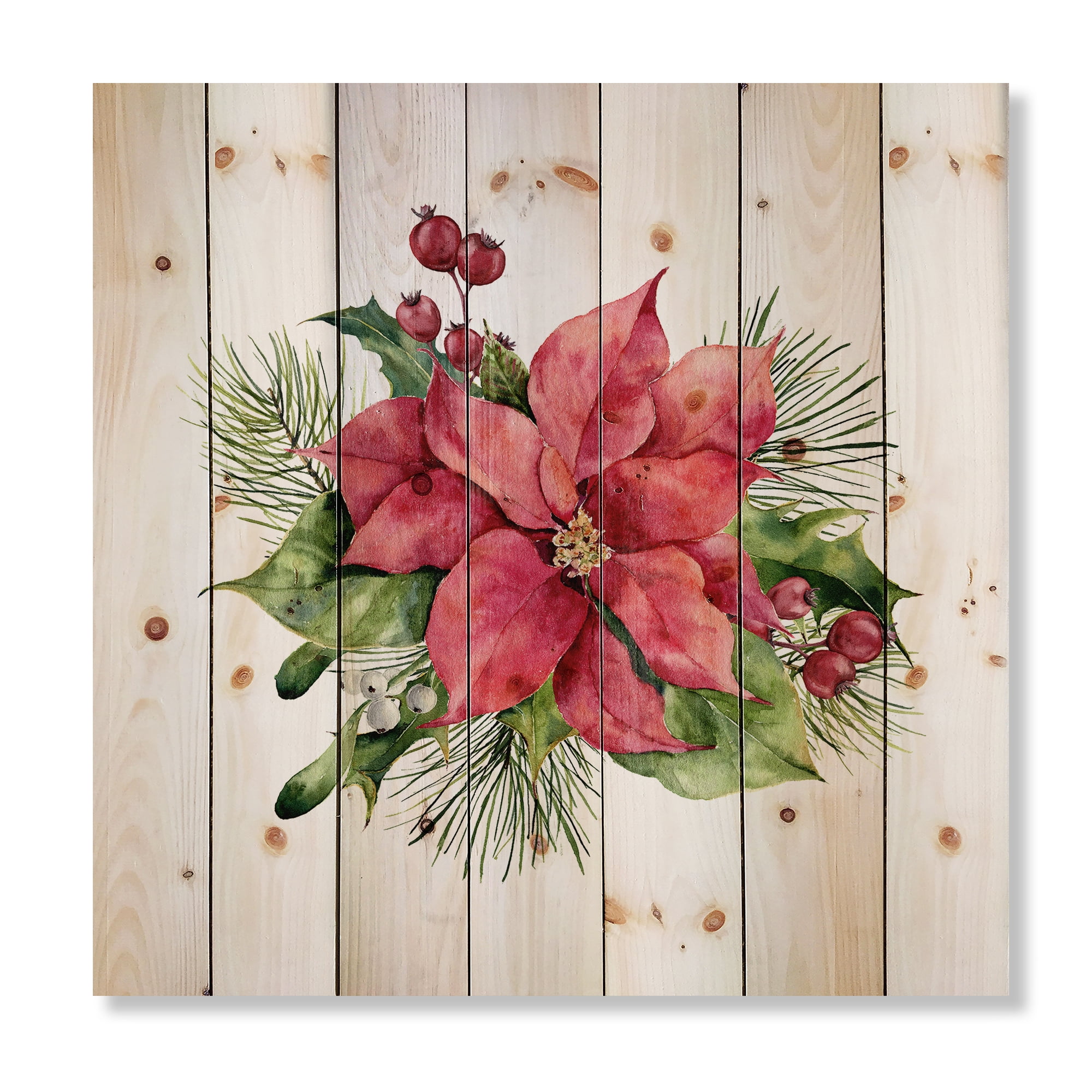 Designart 'Christmas Fir Branch and Holly Mistletoe Berries I' Traditional Print on Natural Pine Wood