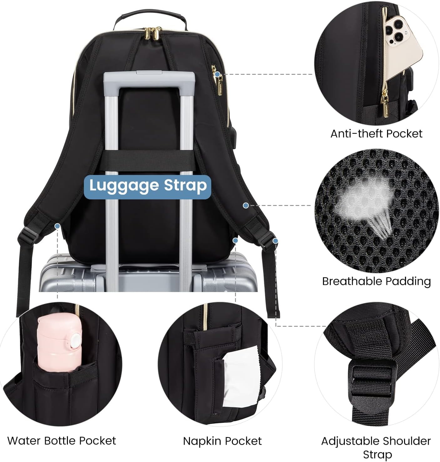 Lovevook Laptop Backpack for Women, 15.6" Quilted Travel Backpack with Anti-Thief Pocket, Teacher Backpack Book Bag Nurse Bag Purse with USB-Black 15.6"